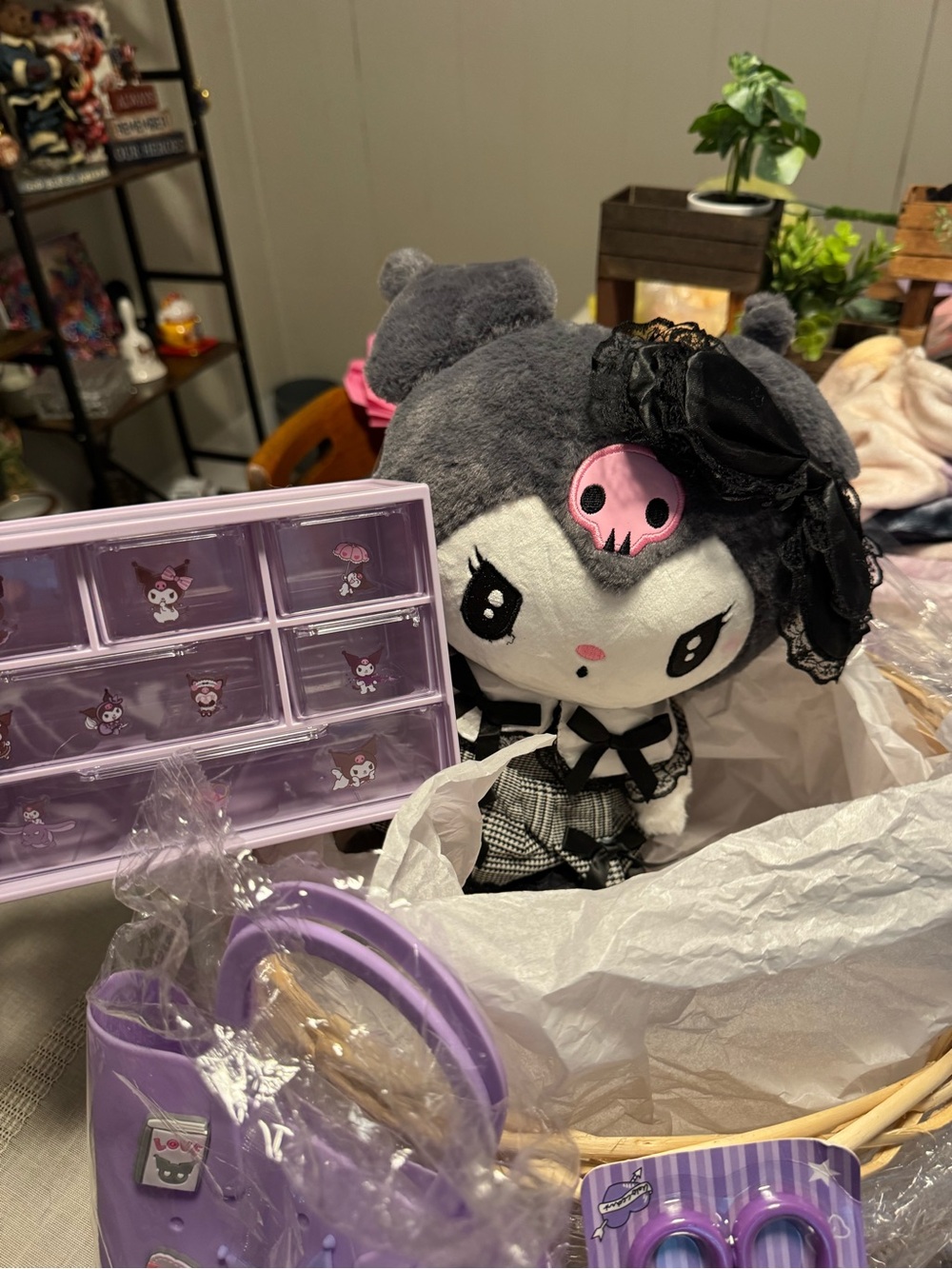 Kuromi Plush Doll with Gothic Bow - Black, Gray, Pink